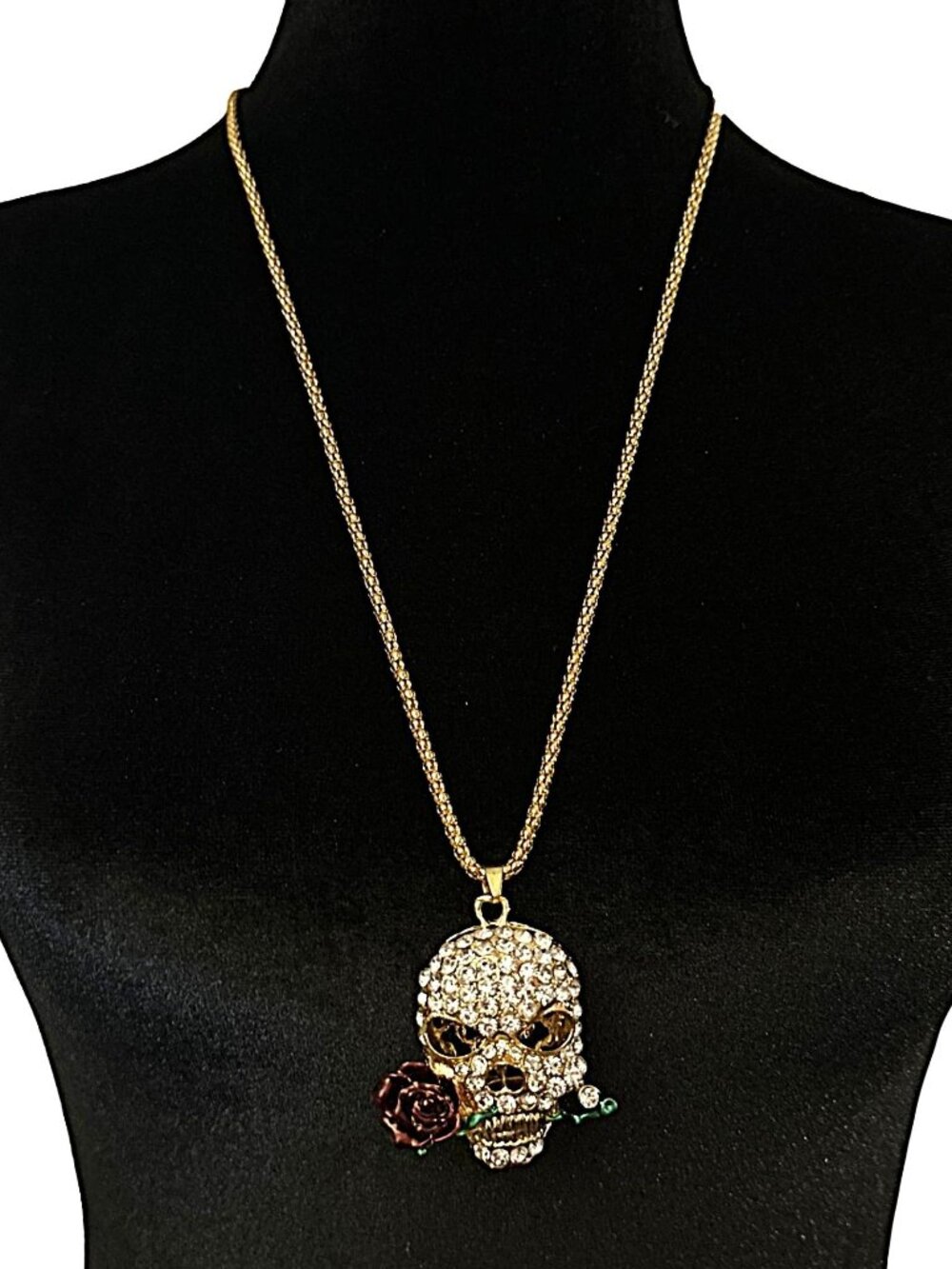 Rhinestone Skull Pendant Long Chain Necklace Purple Rose - Picture 2 of 5